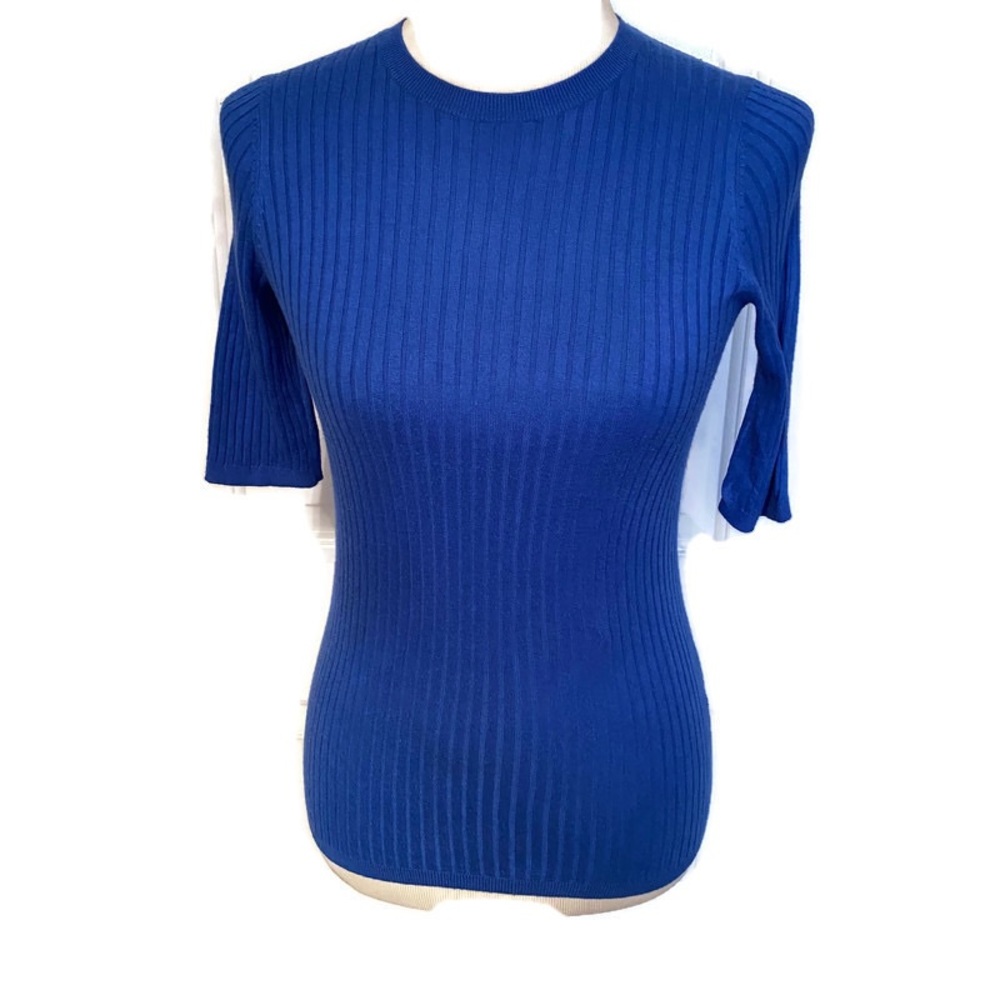 VINCE TOP BLUE RIBBED SHORT SLEEVE TEE KNIT Size XS